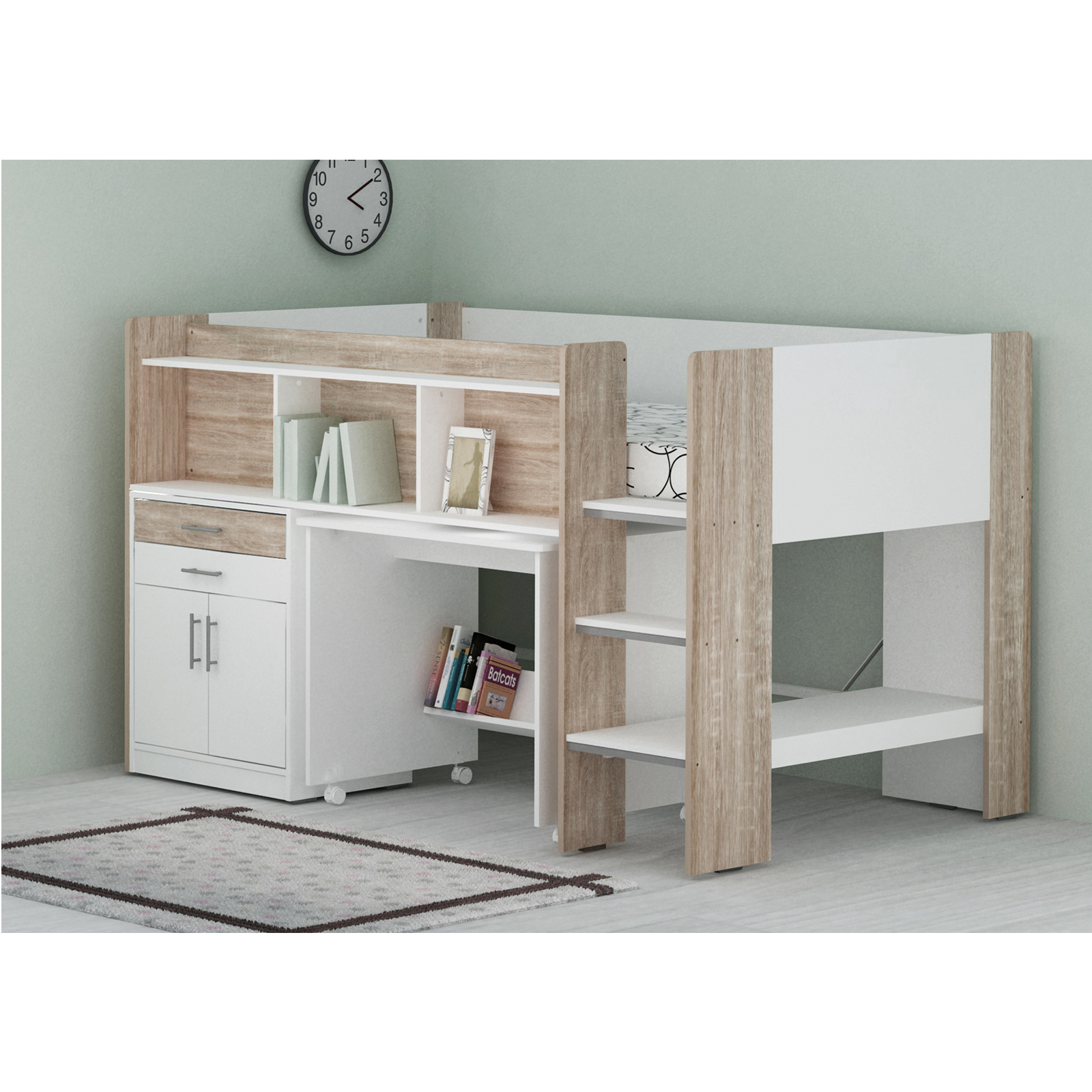 Single Midi Sleeper Bed With Desk Cabinet And Bookshelves Sonoma