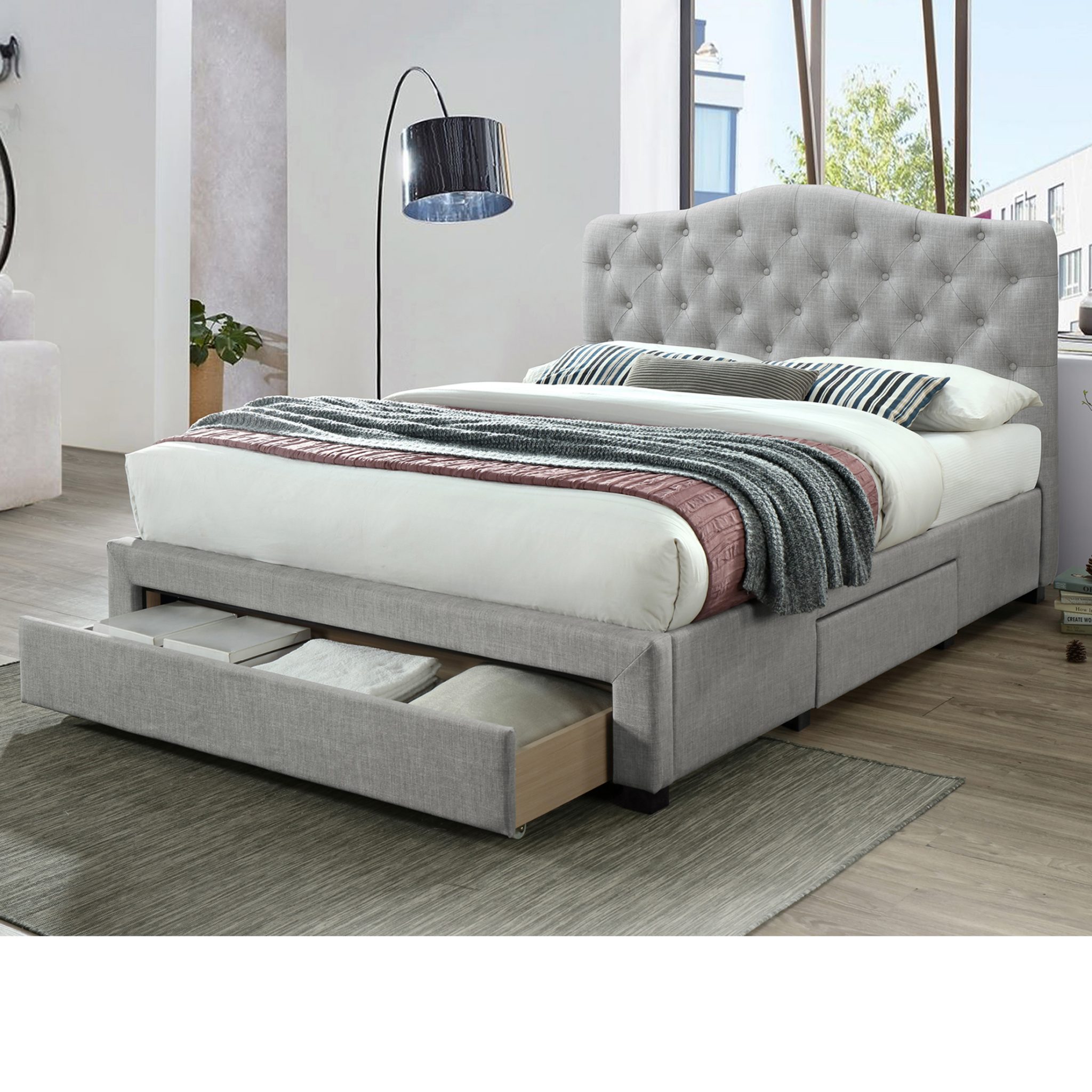 Modern Stylish Queen Size Fabric Bed Frame with 3 Drawers [Silver